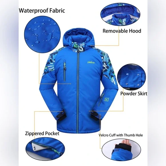 PHIBEE Mens Waterproof Windproof Outdoor Fleece Ski Jacket w Removable Hood NEW